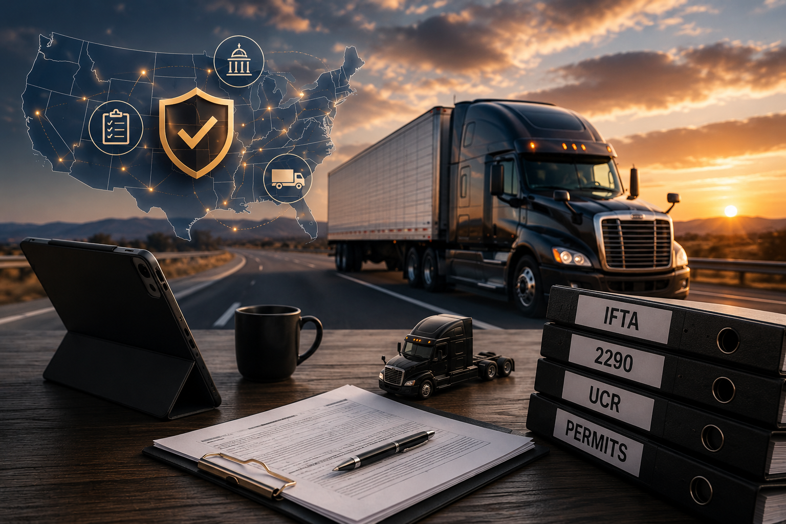 Premium trucking compliance support image with truck, paperwork, and regulatory compliance theme