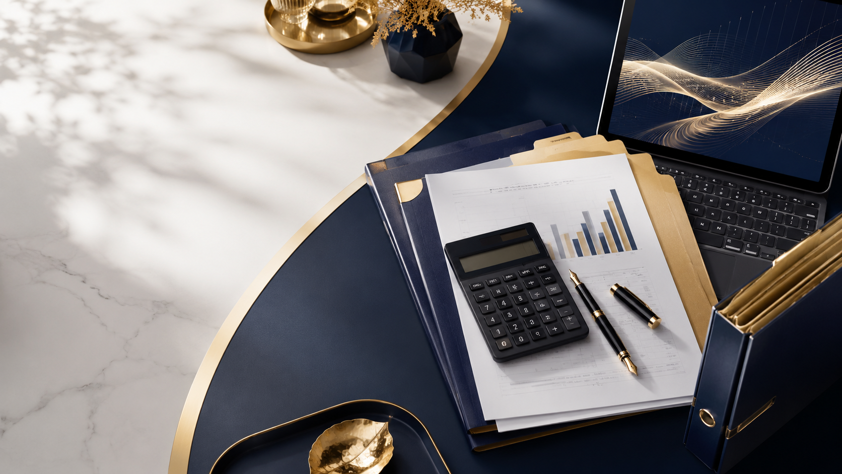 Premium tax preparation and filing workspace with financial documents and calculator