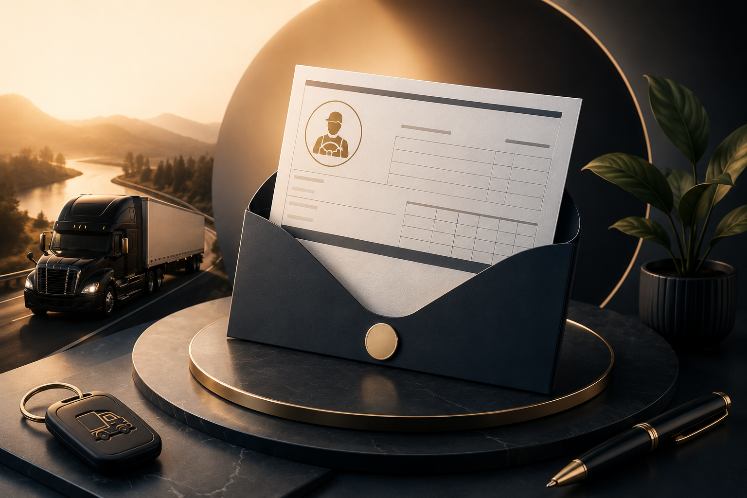 Premium driver paystub support image with payroll document and trucking business theme