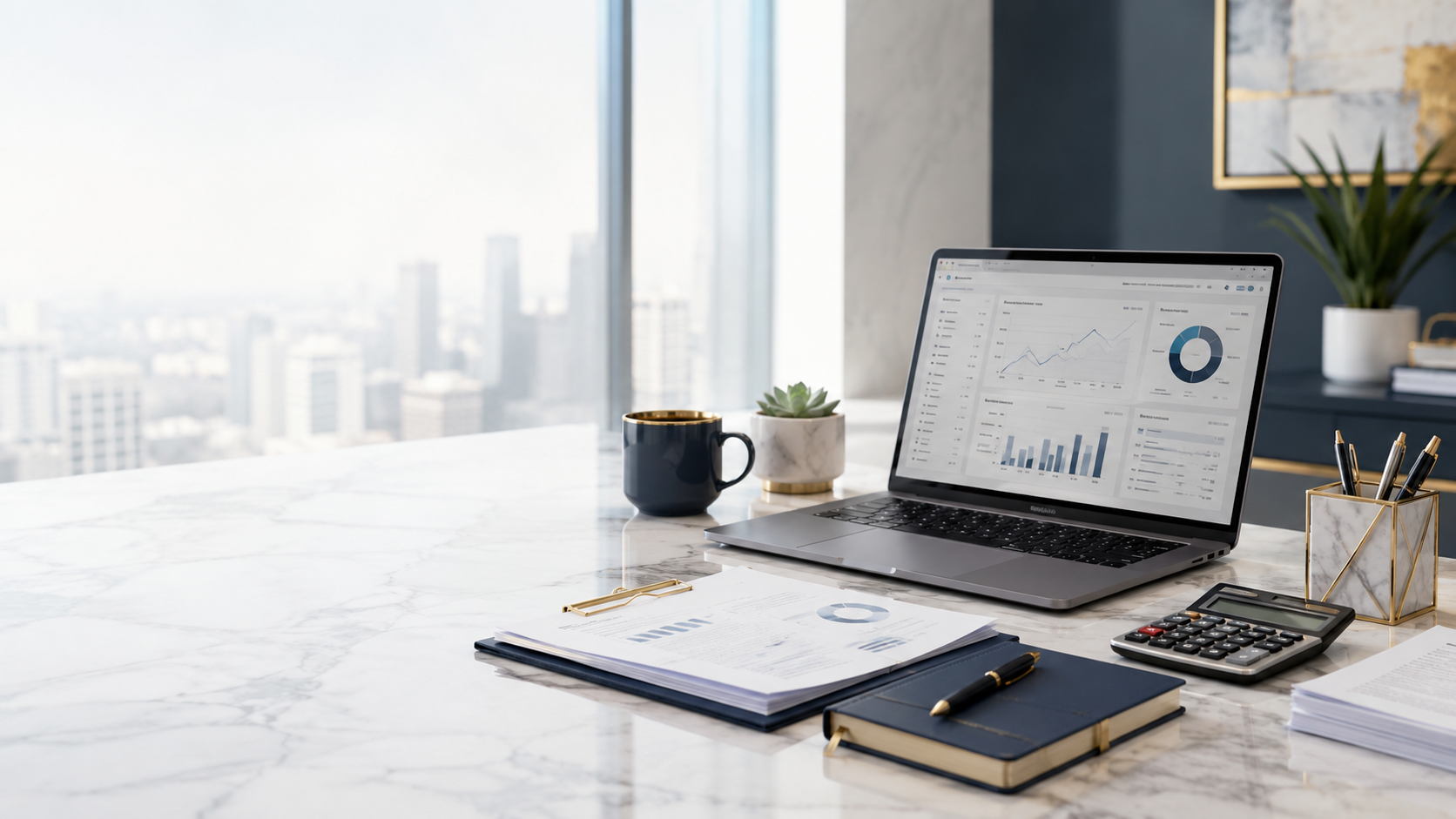 Premium bookkeeping support workspace with financial dashboard and business documents