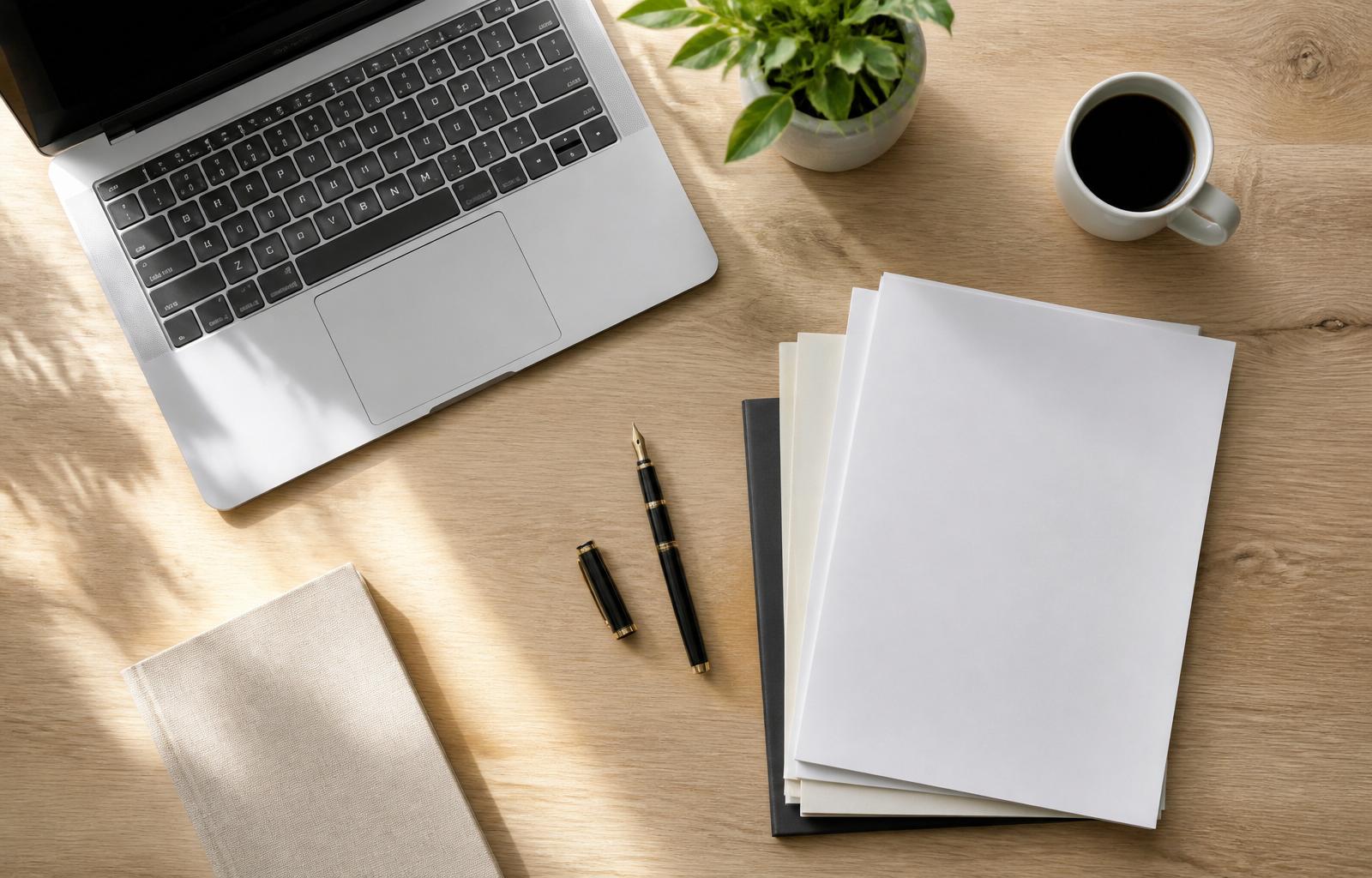Overhead view of a small business owner's desk with a laptop, fountain pen, and organized business formation paperwork